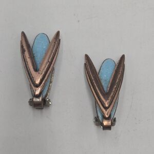 Vintage Matisse Copper Clip On Earrings Innsect Style Turquoise Color Enamel